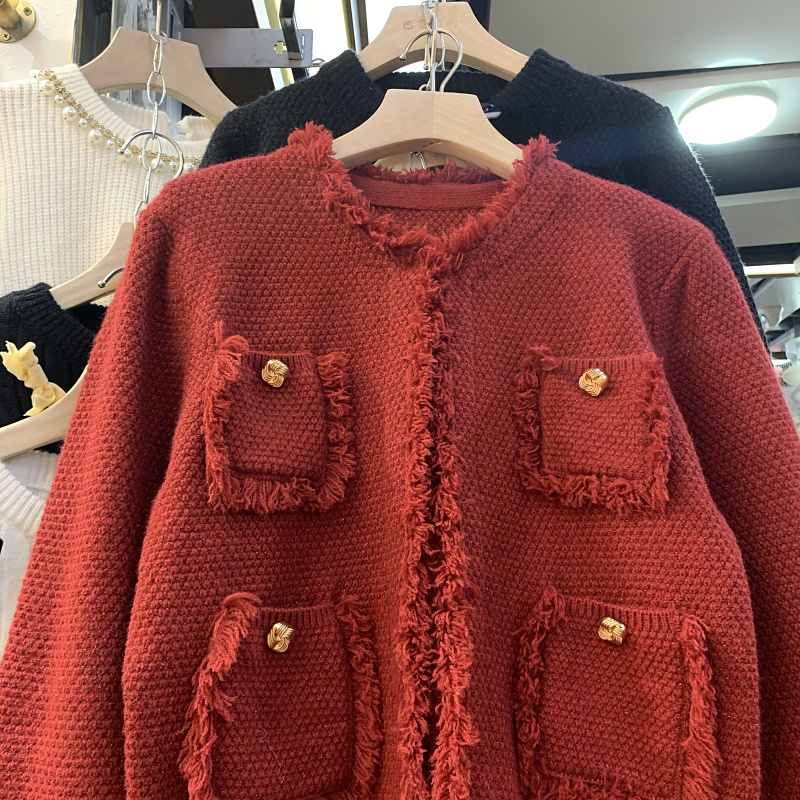2023氣質名媛法式小香風口袋流蘇圓領針織小衫，撞色復古紐扣外套女裝